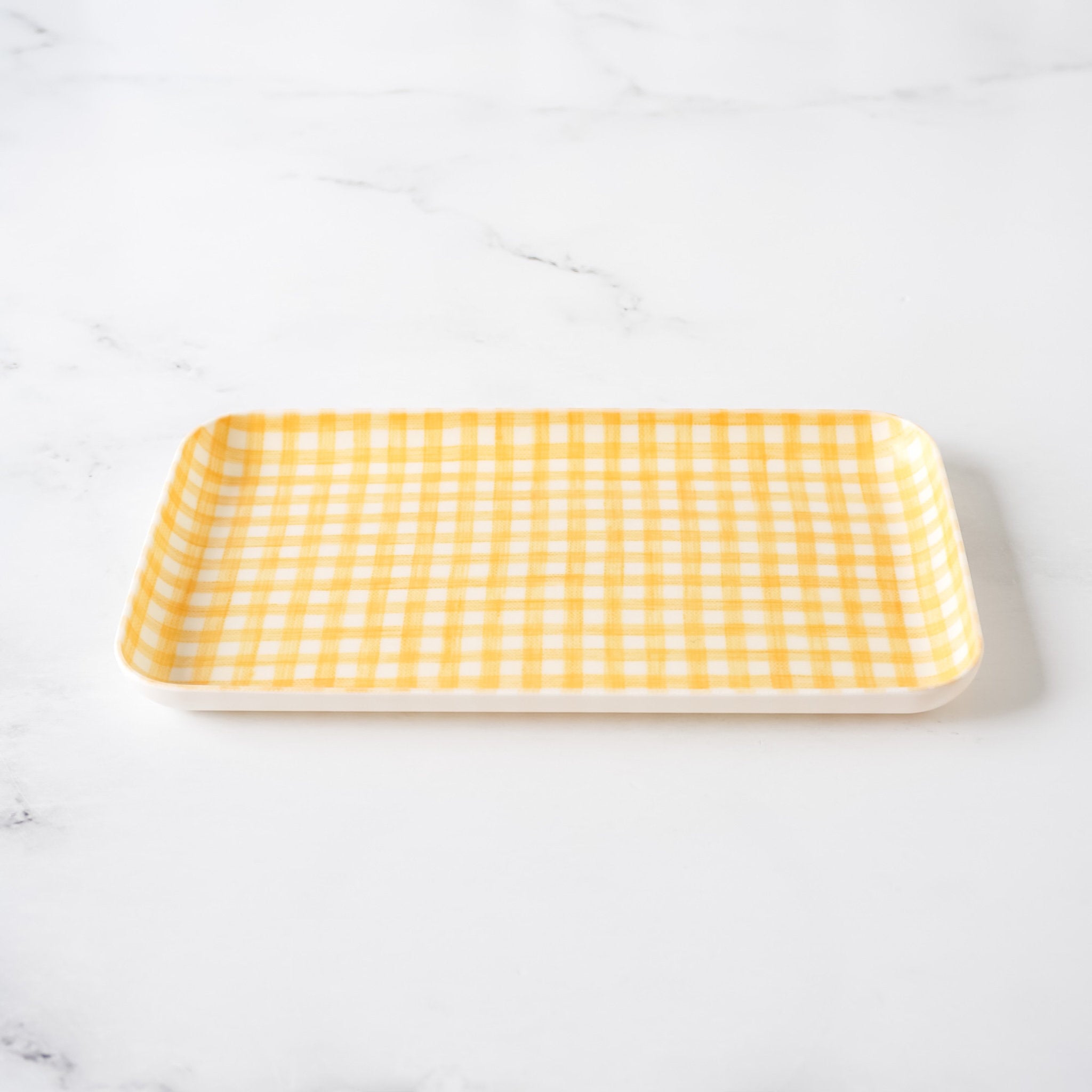 yellow white gingham check linen tray in small