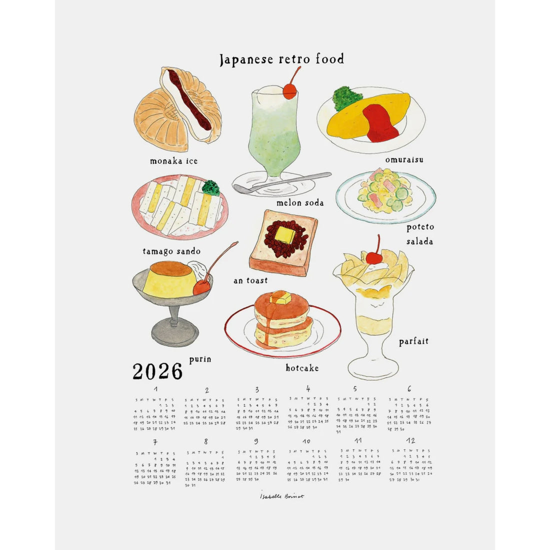 Calendar with illustrations of Japanese retro food for the year 2026 on a white background.