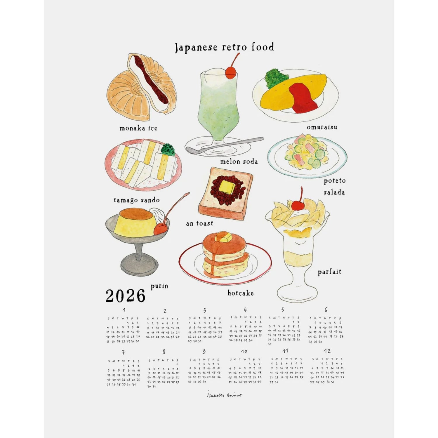 Calendar with illustrations of Japanese retro food for the year 2026 on a white background.