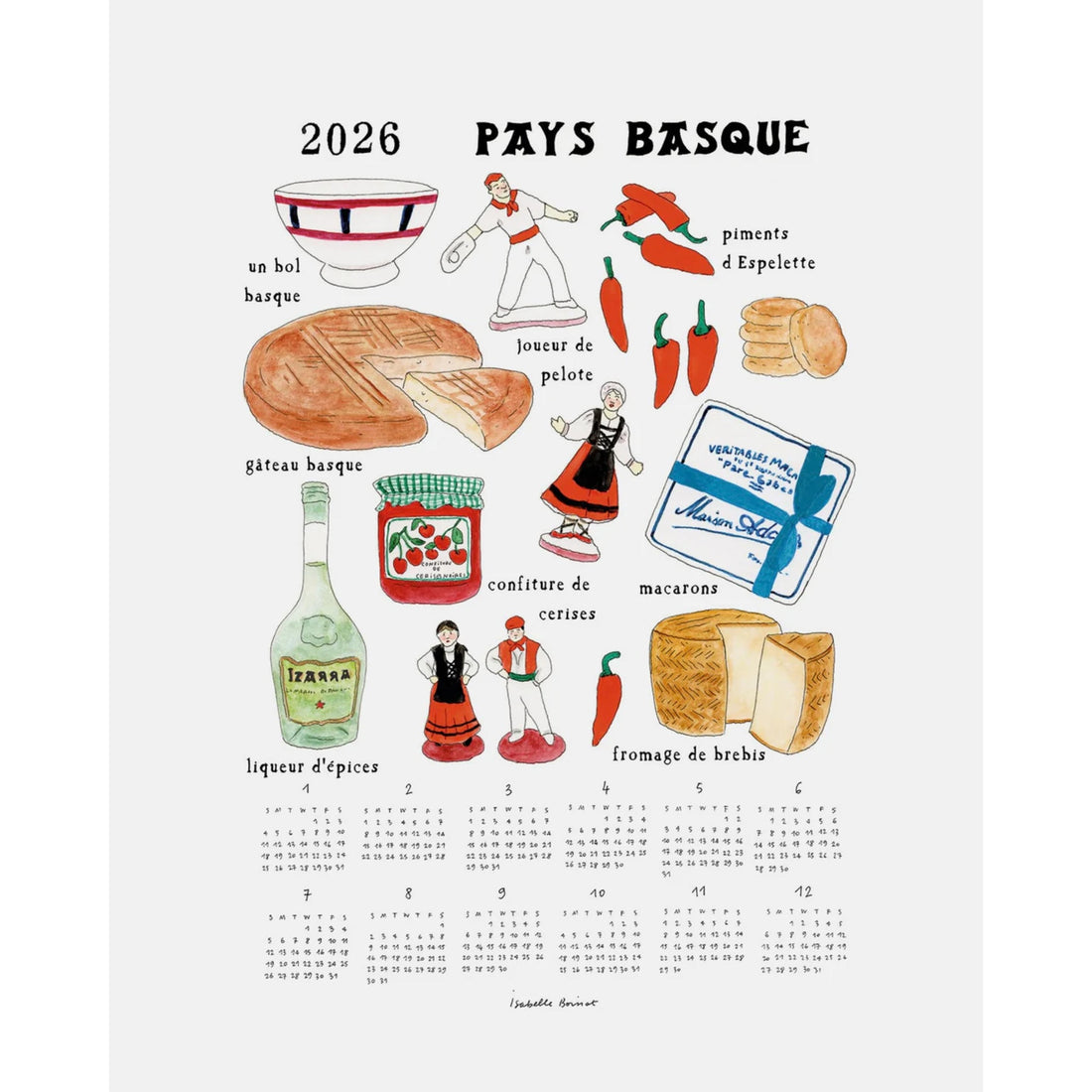 Calendar kitchen cloth for 2026 featuring illustrations of Basque culture and products on a white background.