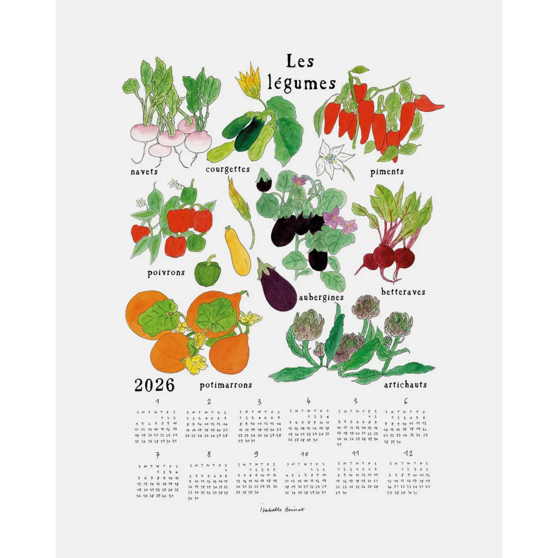 Calendar with illustrations of vegetables and text in French for the year 2026.
