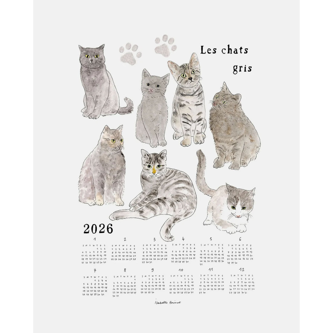 Calendar cloth hanging with illustrations of gray cats and paw prints on a white background