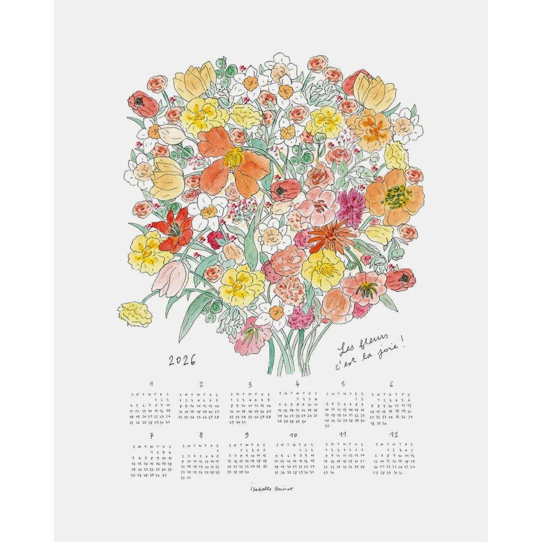 Floral bouquet design on a calendar cloth for the year 2026 with a white background.