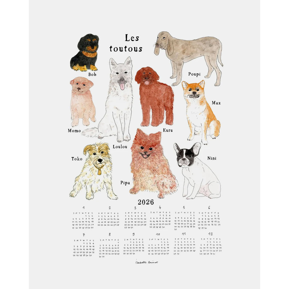 Calendar with illustrations of dogs and their names on a white background