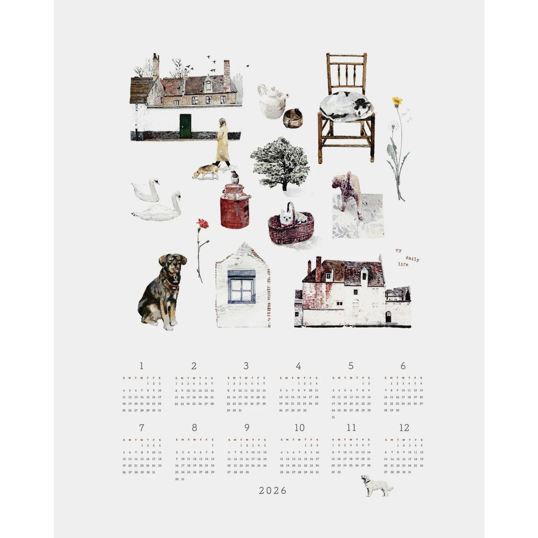 2026 calendar with illustrations of houses, animals, and objects on a white background