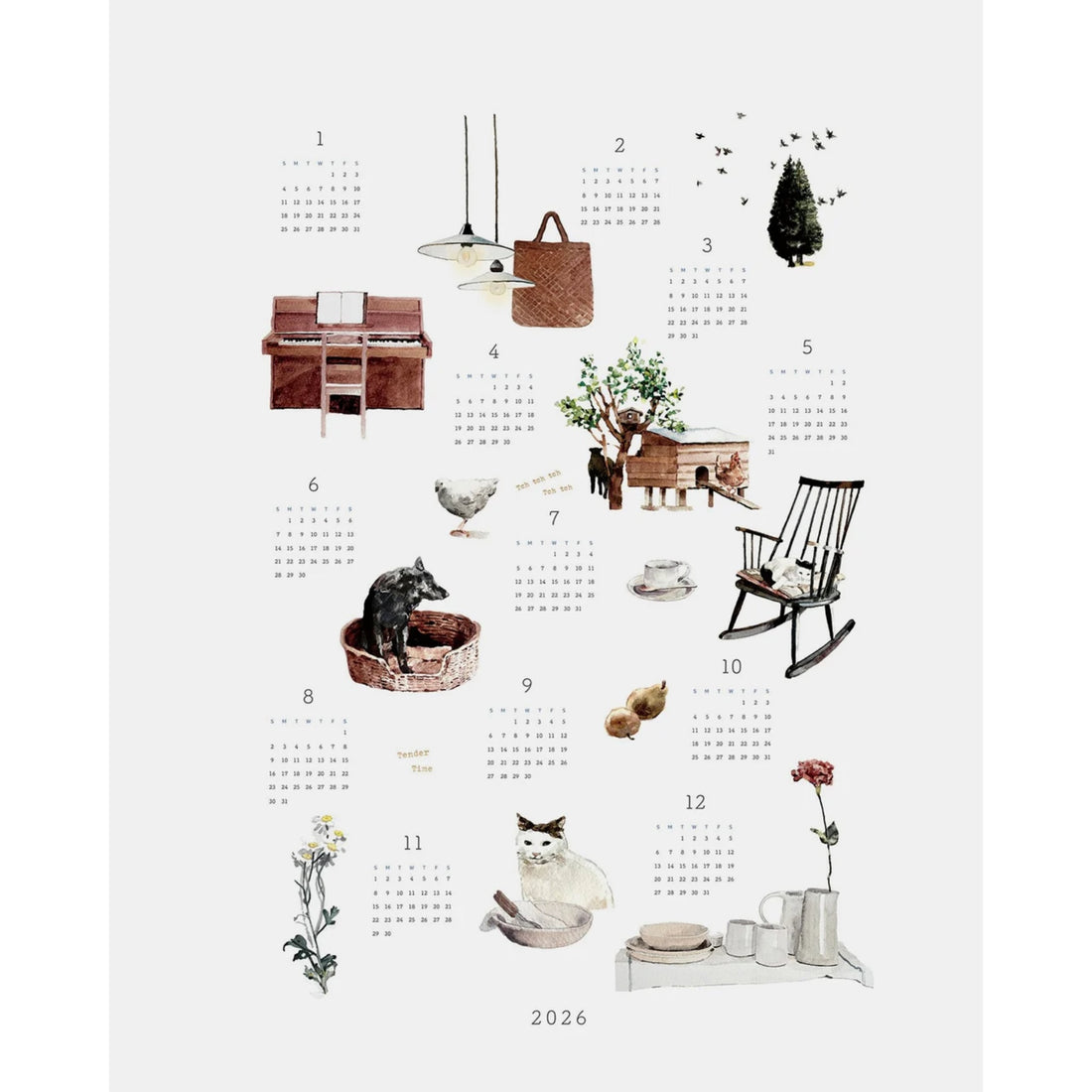 2026 calendar cloth with decorative images on a white background