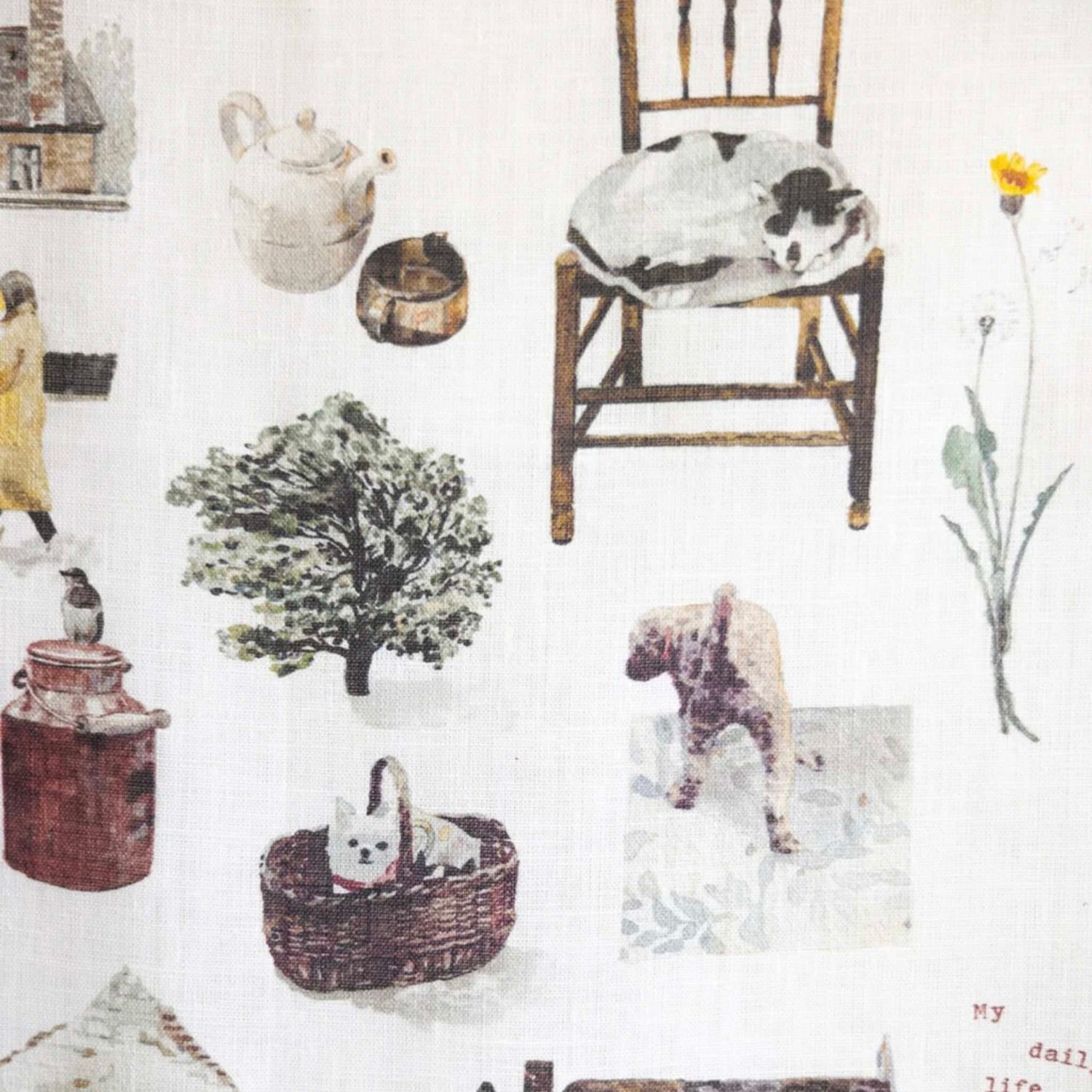 Patterned fabric with winter-themed illustrations including a dog, cat, chair, and trees.