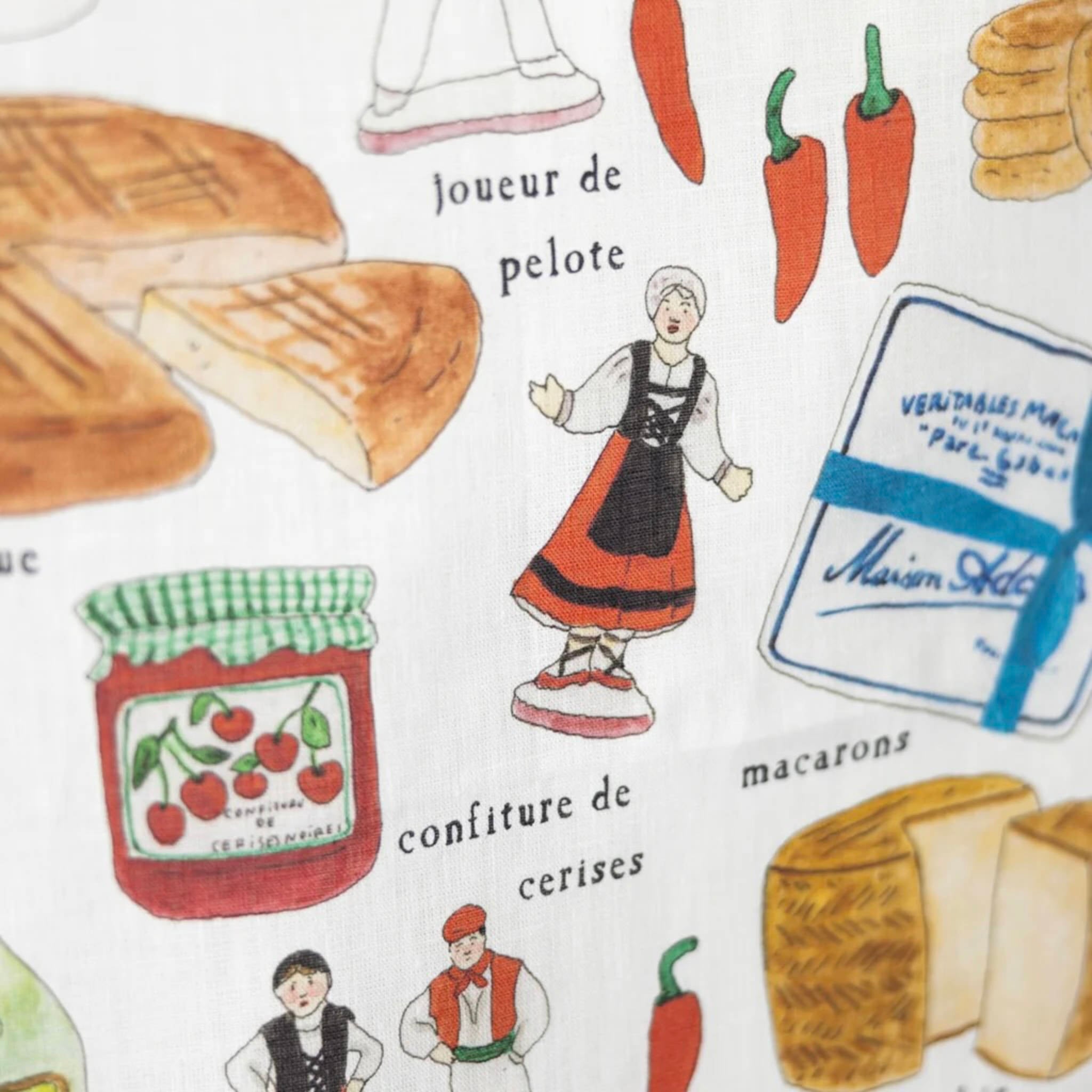 Illustrations of a pie, jar of cherry jam, and people in traditional clothing on a white background.