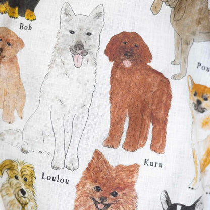 Illustrations of various dogs with names on a white background