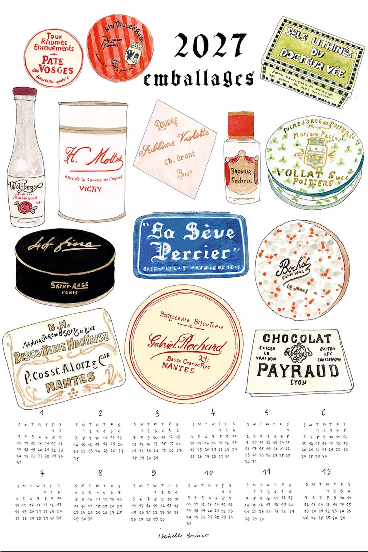 A 2027 emballages wall calendar print featuring a collage of vintage French food and beverage packaging illustrations above a monthly calendar grid at the bottom.
