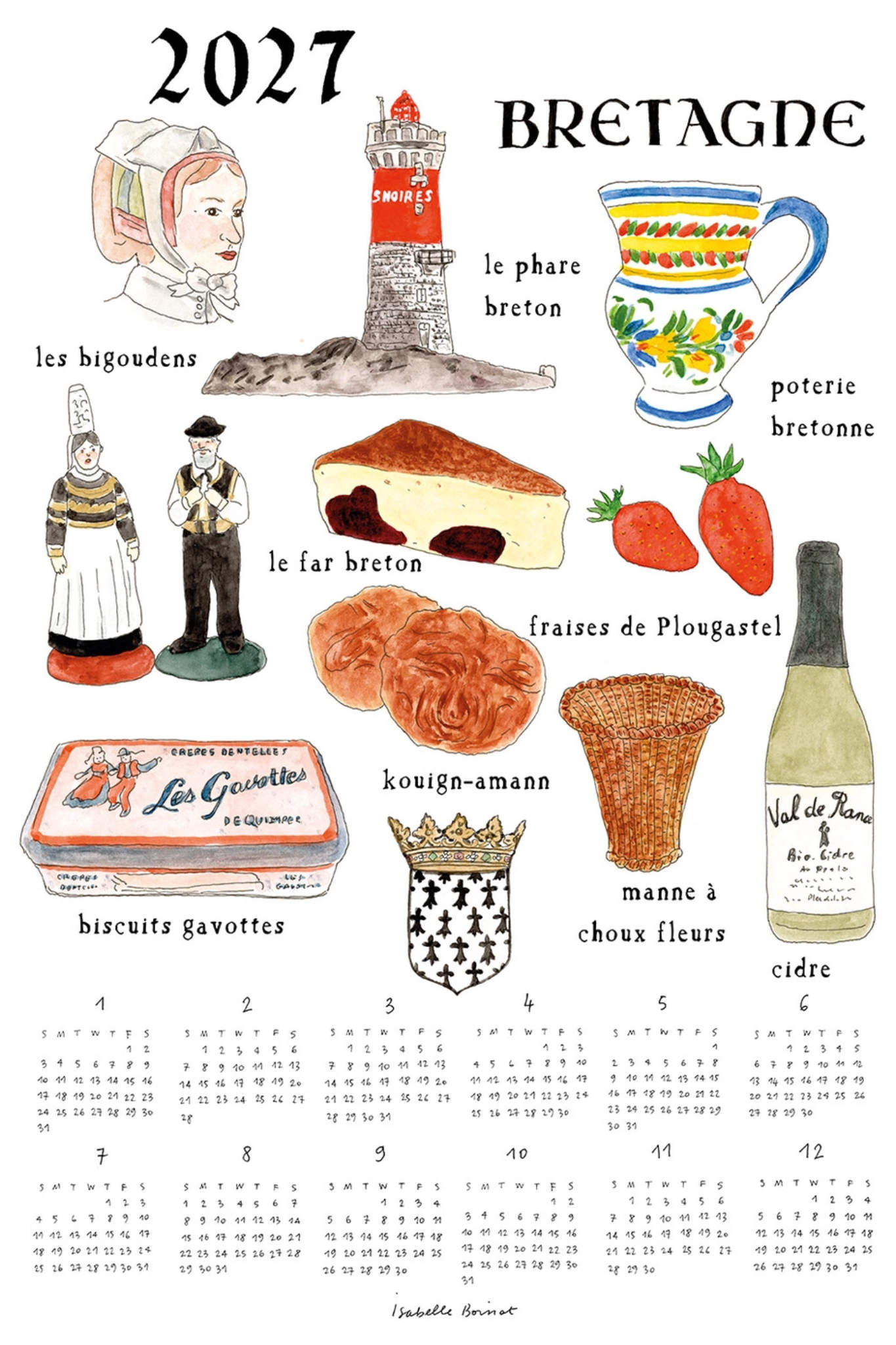 A 2027 calendar page dedicated to Bretagne, featuring hand-drawn illustrations of Breton culture and landmarks including a lighthouse, a traditional mug, pastries, and a bottle of cidre, with a large monthly calendar grid at the bottom.