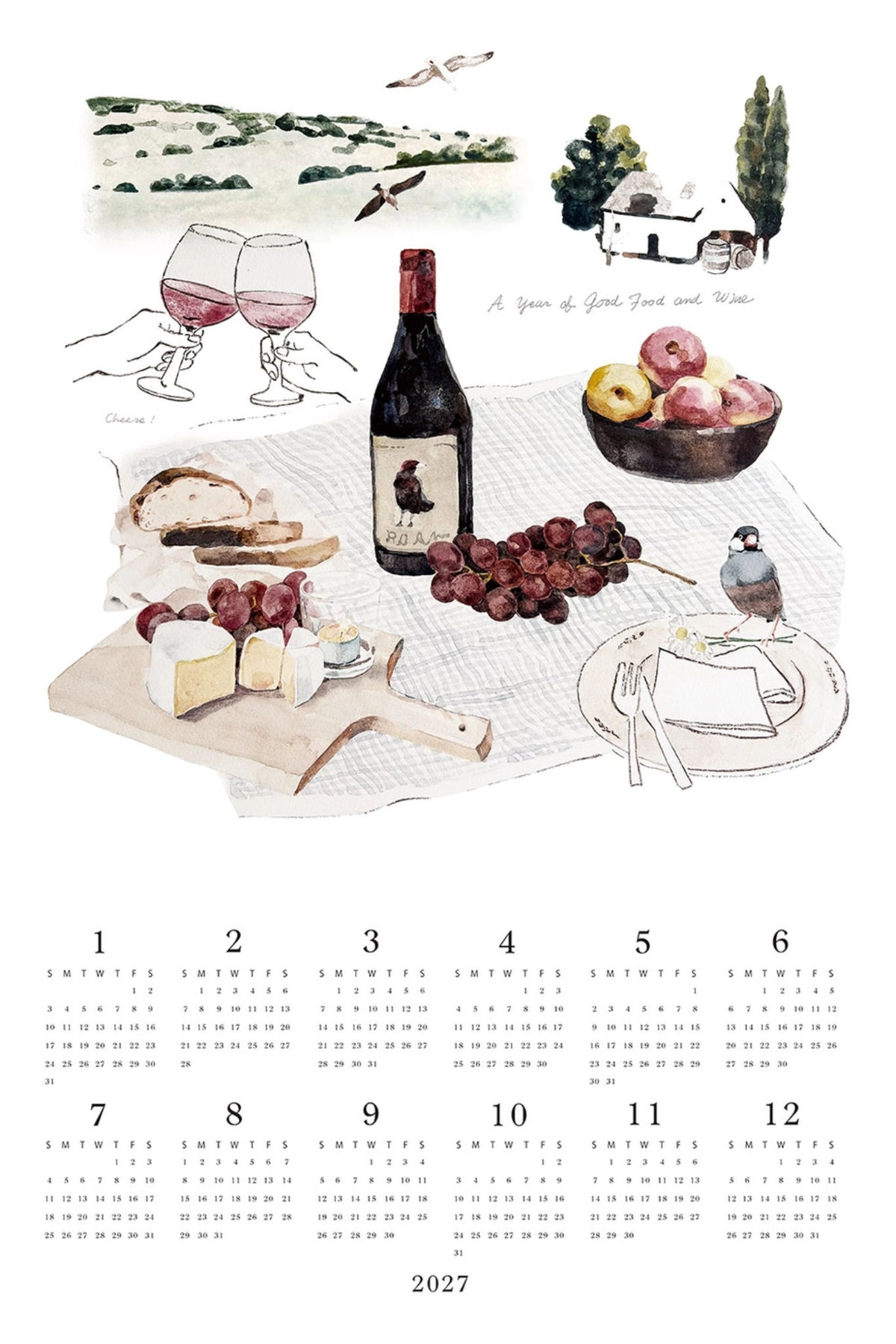 A watercolor-style 2027 calendar page featuring a picnic scene with wine, bread, cheese, grapes, fruit, and a small bird, plus a grid of numbers for the days of the week at the bottom.