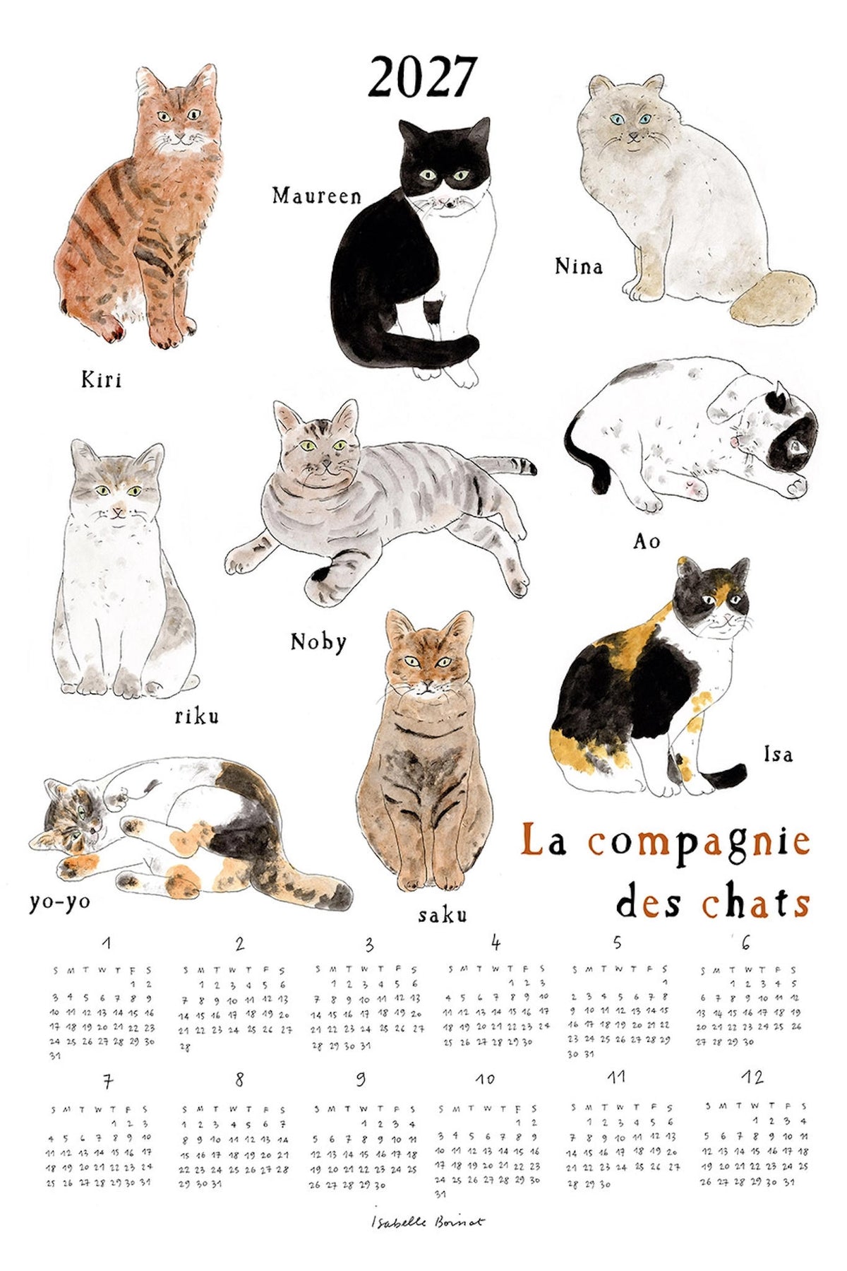 A 2027 French cat calendar poster featuring illustrated cats labeled with their names, including Kiri, Maureen, Nina, Ao, Nobby, Riku, Yo-Yo, Zaku, and Ira. The bottom half shows the printed calendar grids for each month, with the title &