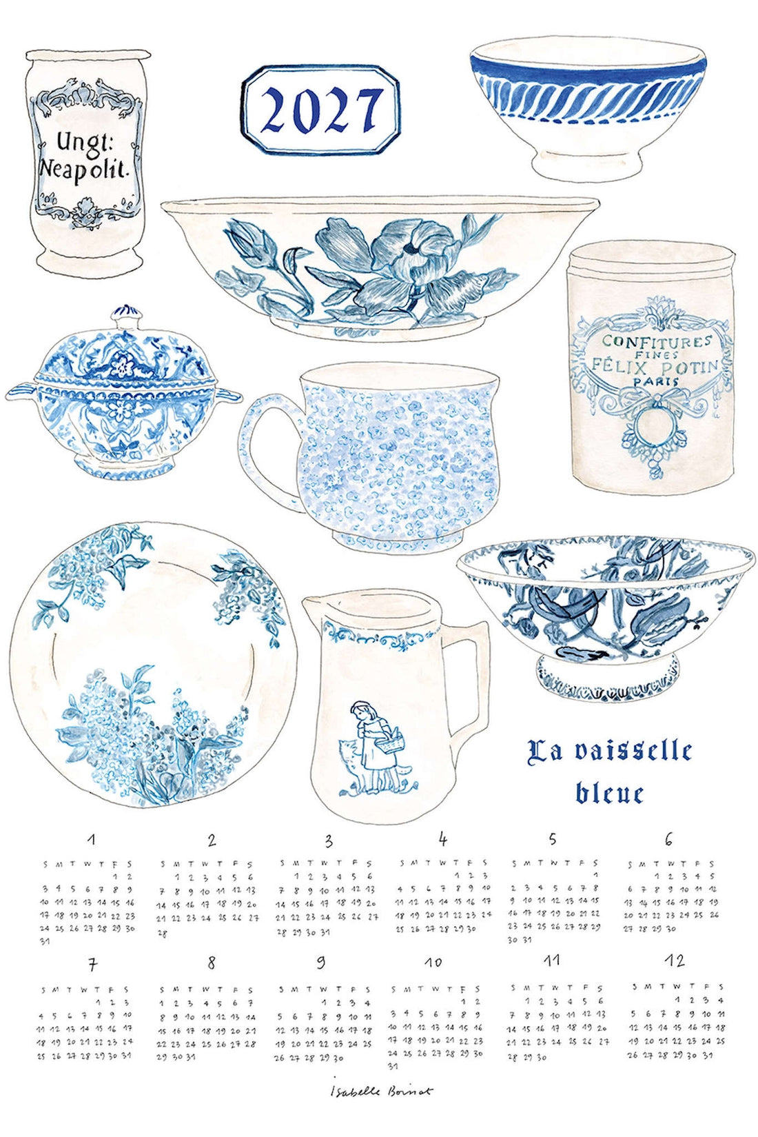 A blue-and-white ceramic tableware set illustrated on a white background, including a mug, bowl, plate, pitcher, lidded pot, and cup, with the text &