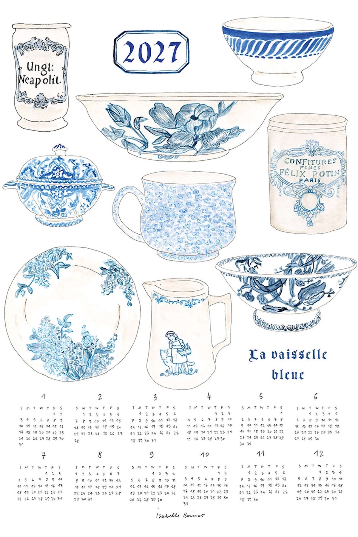 A blue-and-white ceramic tableware set illustrated on a white background, including a mug, bowl, plate, pitcher, lidded pot, and cup, with the text &