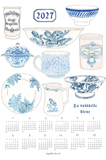 A blue-and-white ceramic tableware set illustrated on a white background, including a mug, bowl, plate, pitcher, lidded pot, and cup, with the text &