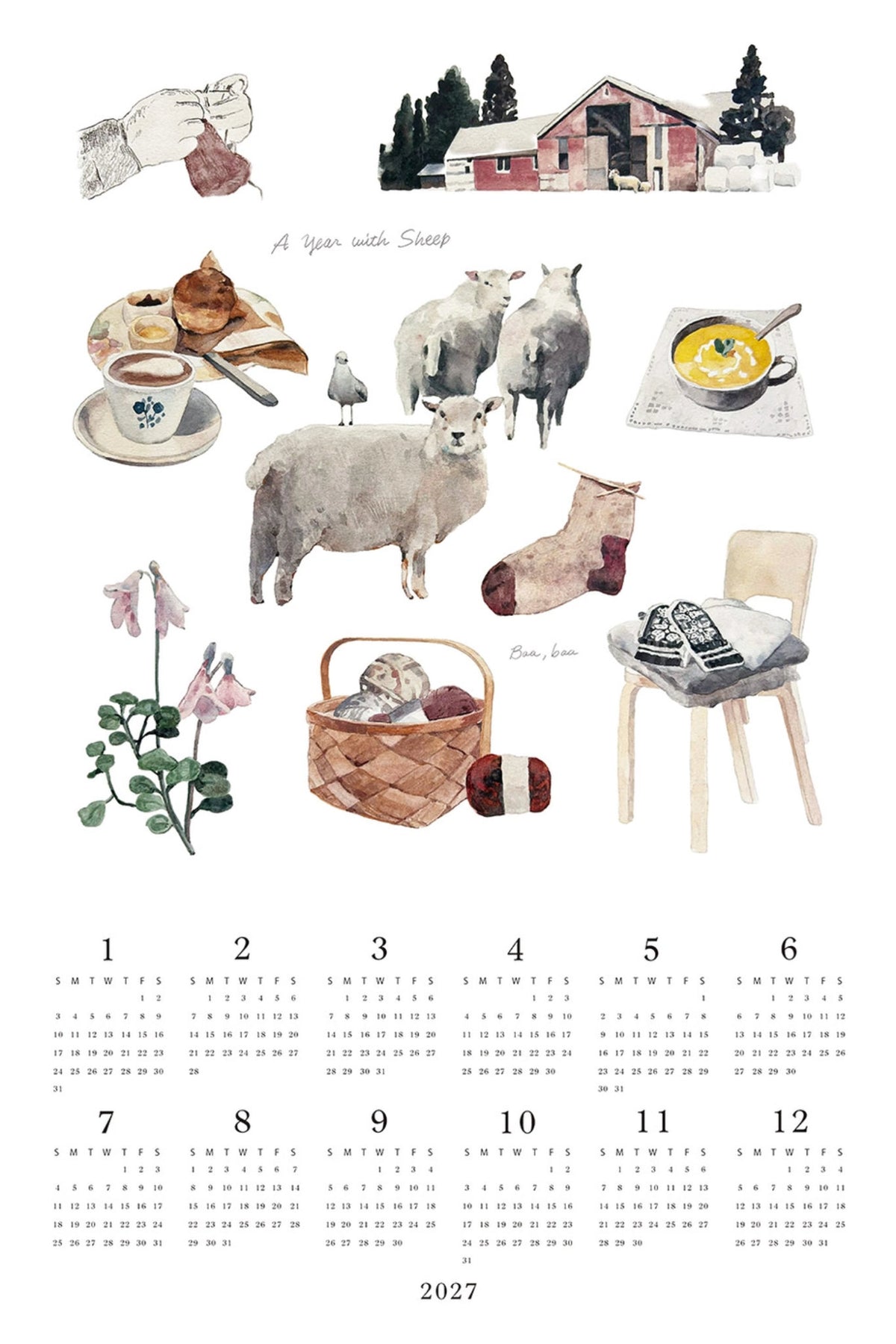 A watercolor-style monthly calendar page for 2027, featuring illustrated pastoral scenes and objects such as sheep, a barn, a basket, a chair, flowers, and a cup of tea, with the days of the week printed at the bottom on a white background.