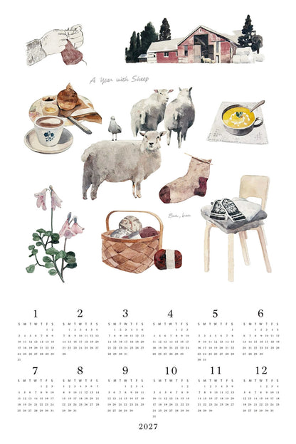 A watercolor-style monthly calendar page for 2027, featuring illustrated pastoral scenes and objects such as sheep, a barn, a basket, a chair, flowers, and a cup of tea, with the days of the week printed at the bottom on a white background.