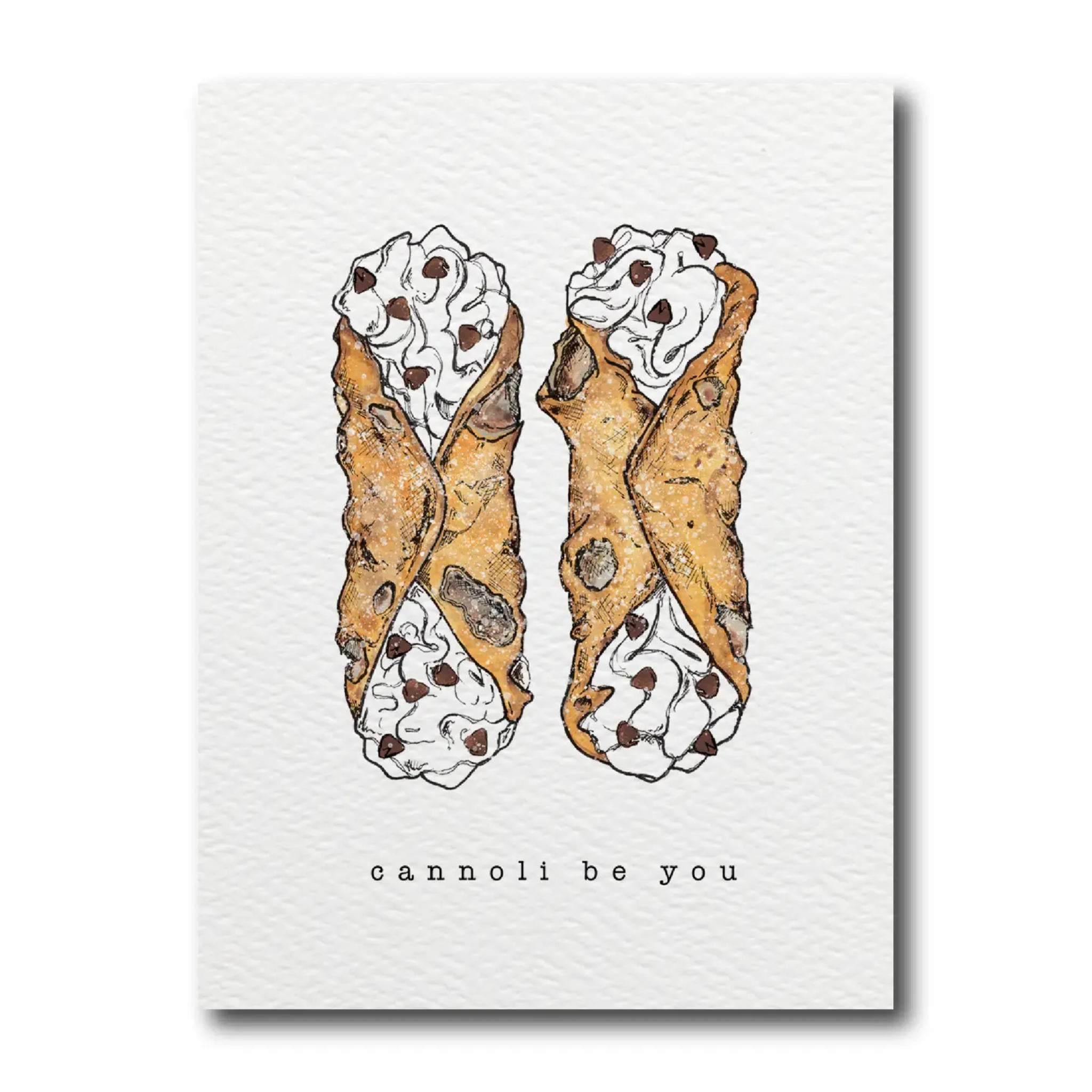 A watercolor and pen illustration of two cannolis on a white background with the text &