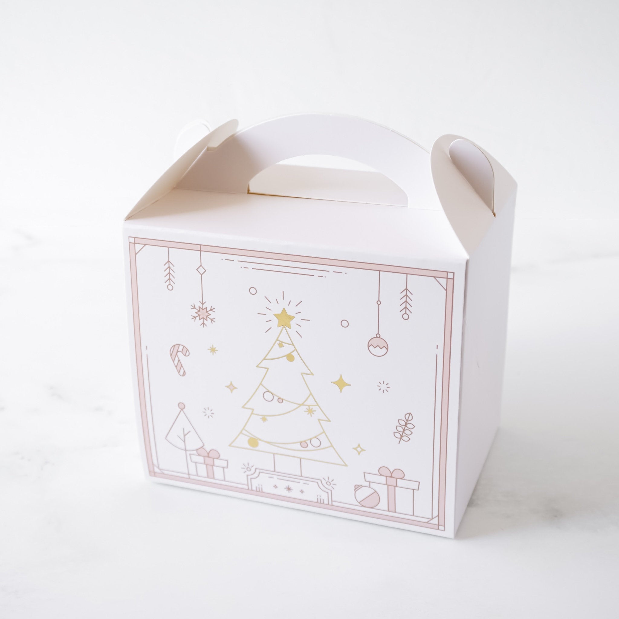 White gable box with Christmas tree and gift design on a white background