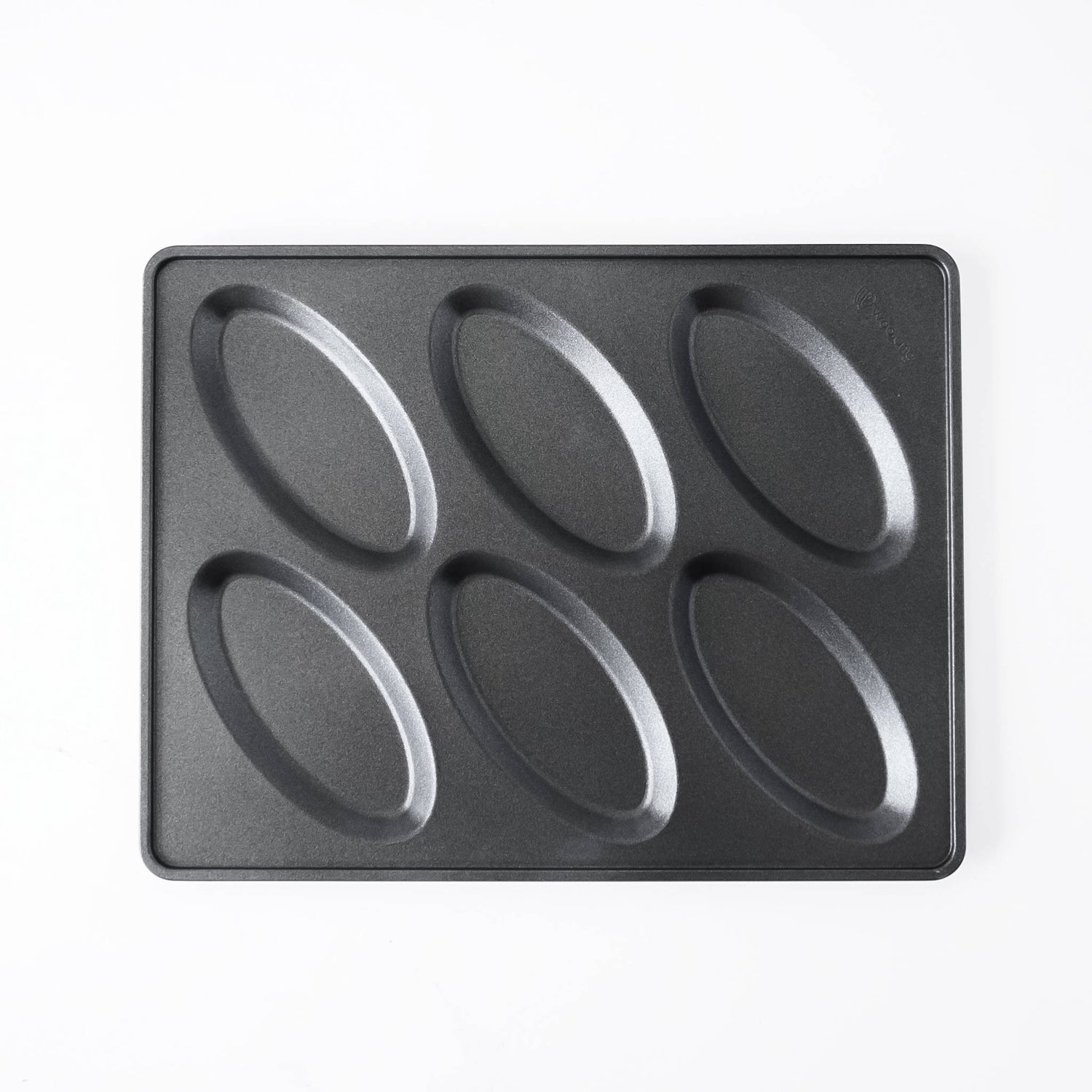A black non-stick six-oval salt bread mold, photographed from directly above on a clean white background.