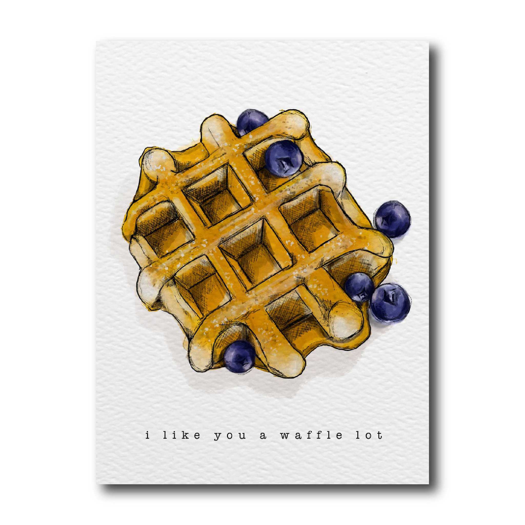 A greeting card with an illustration of a waffle with blueberries on top, and the phrase &