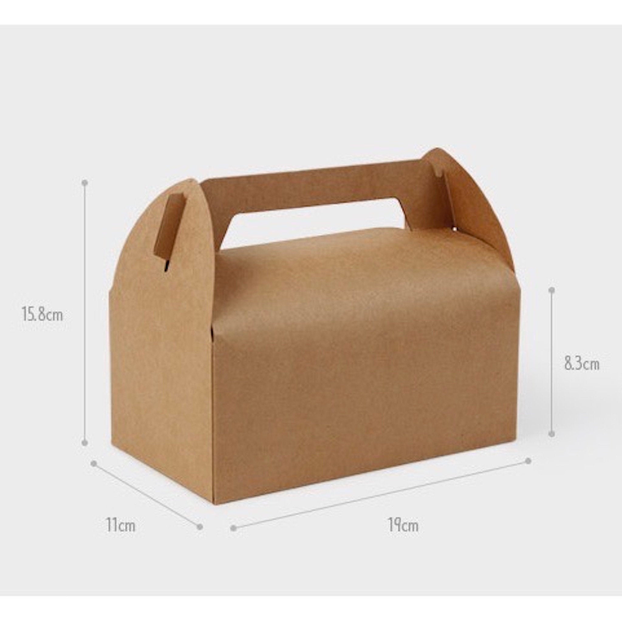 A brown cardboard box with a handle. The box is 19cm long, 11cm wide, 8.3cm high, and 15.8cm tall. The box is perfect for packaging small gifts or favors.