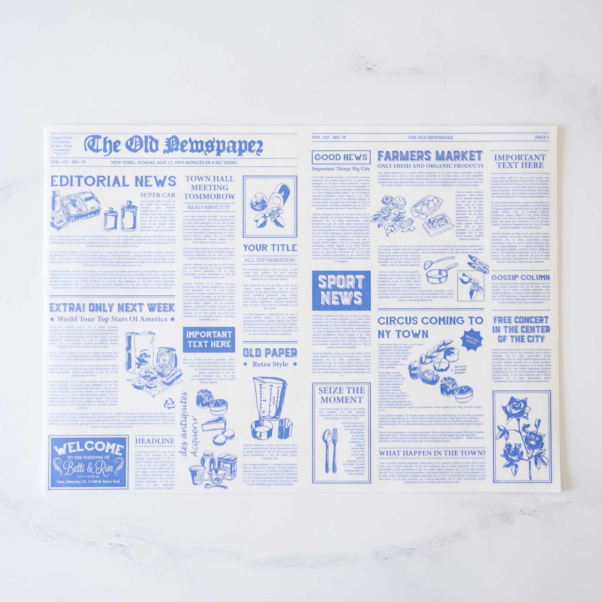 newspaper print deli paper in blue/white