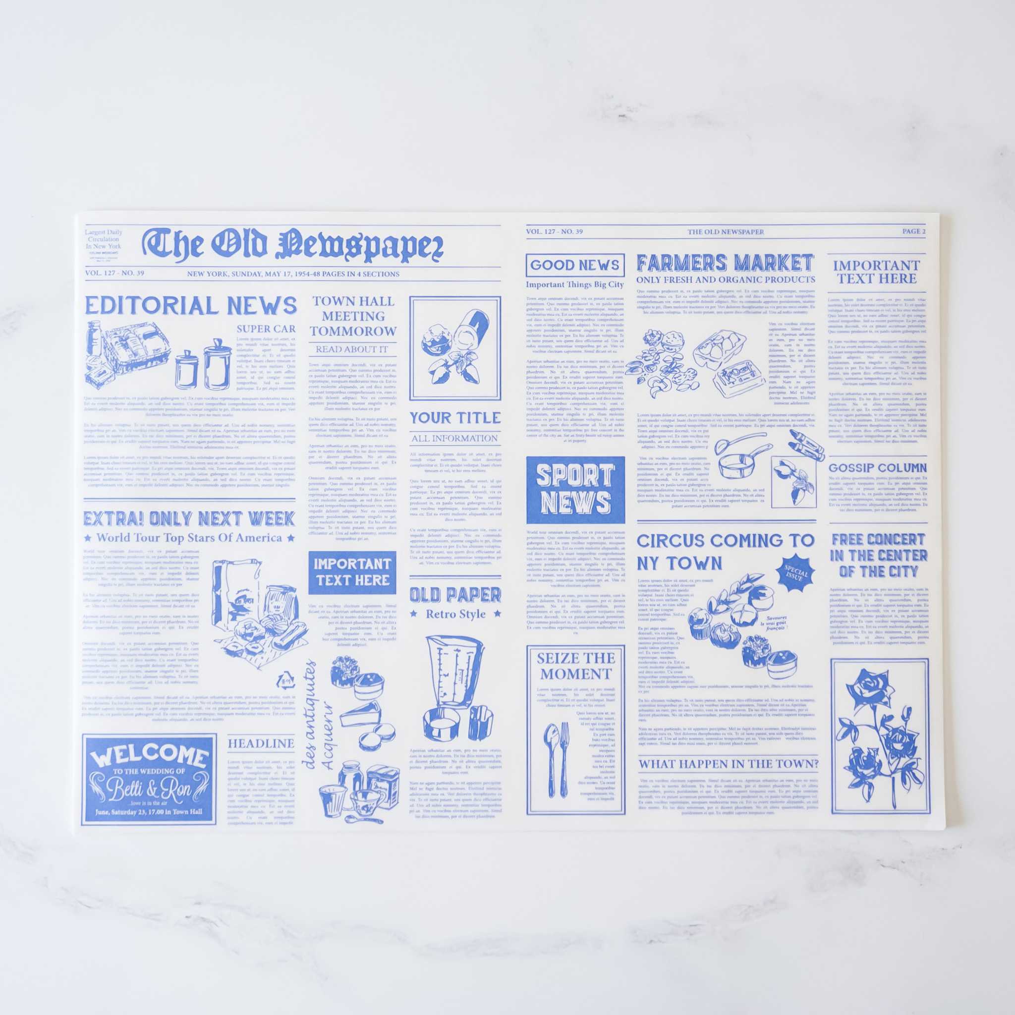A blue and white newspaper design with text that reads &