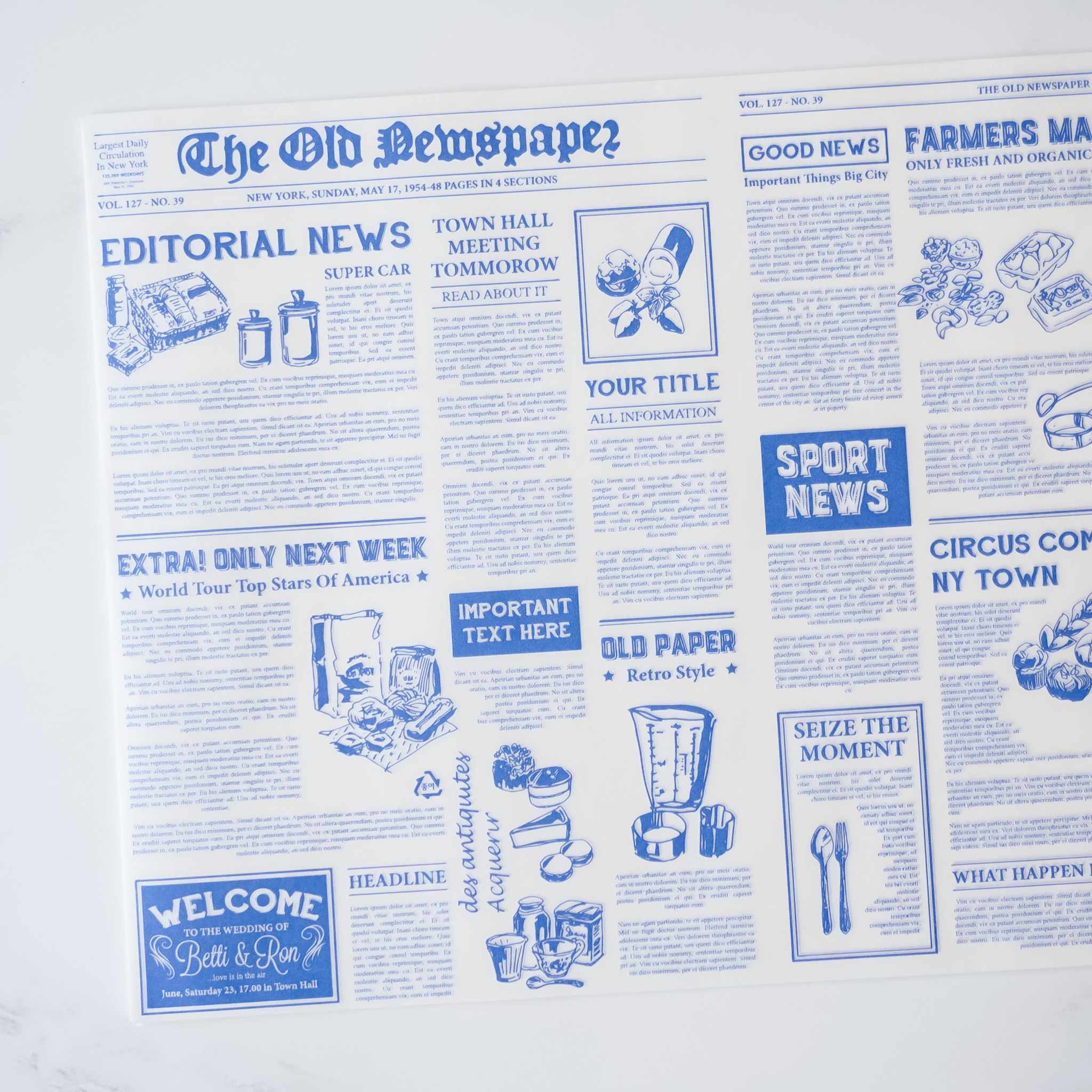 A white background with blue text and illustrations of a newspaper. The illustrations include a car, a building, a blender, a spoon, a fork, a knife, a basket of fruit, a basket of vegetables, a tent, a clown, a microphone, and a wedding ring.