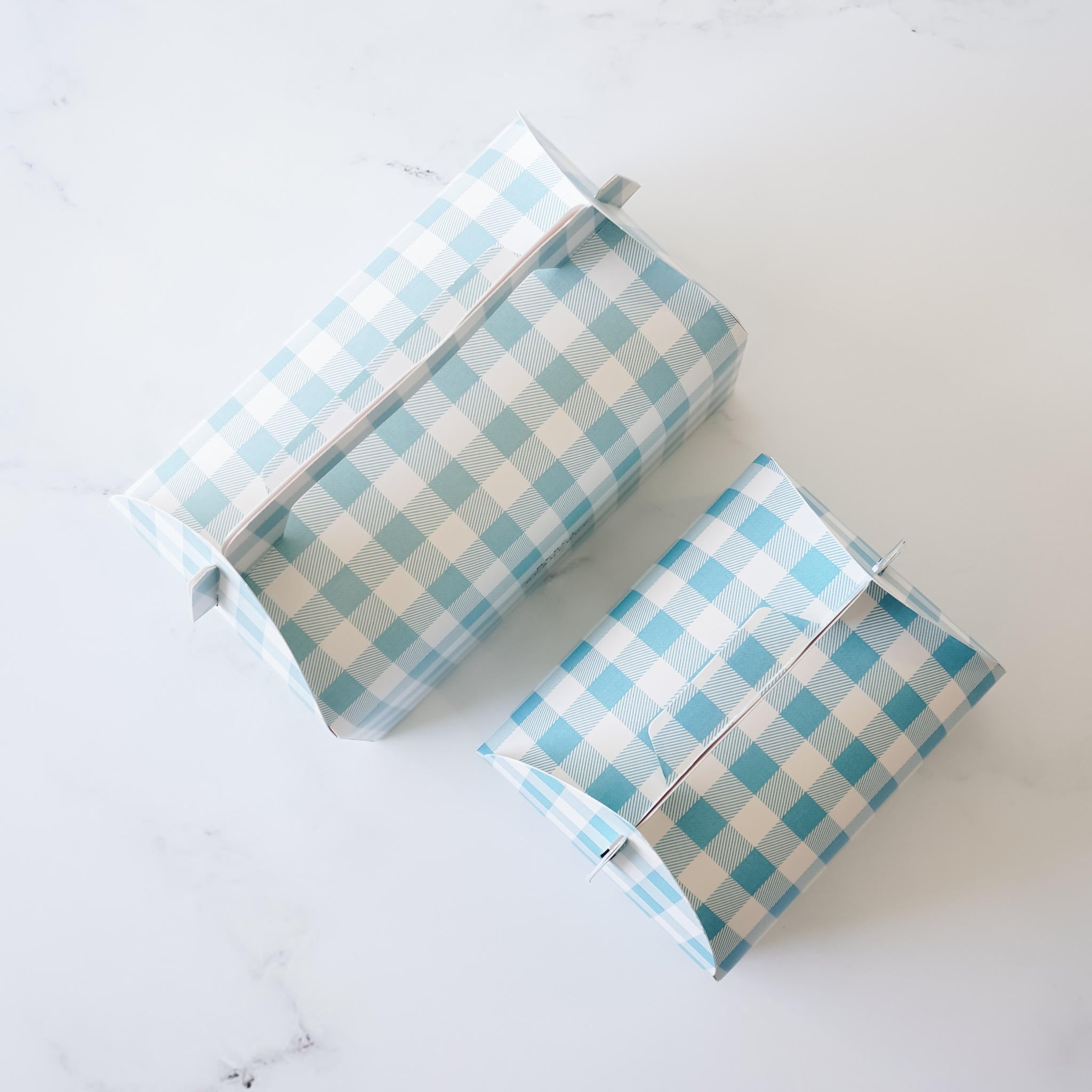 Two blue and white gingham gable boxes. The boxes are made of cardboard and have a handle on the top. The boxes are empty and are sitting on a white surface.