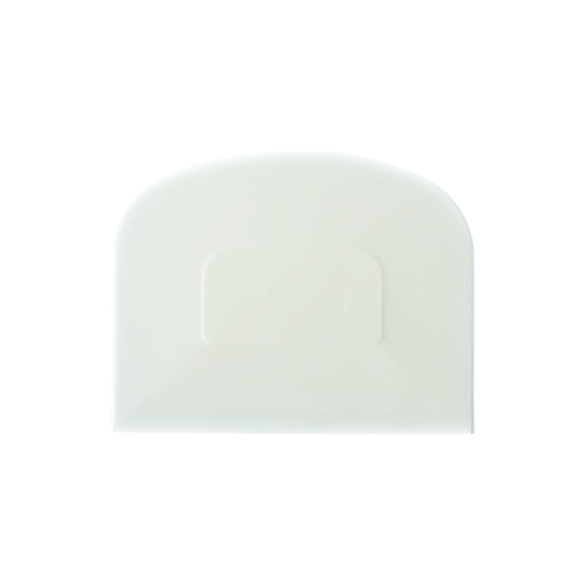 White plastic dough scraper with a rounded top and a rectangular handle. The scraper is designed for use in baking and cooking.