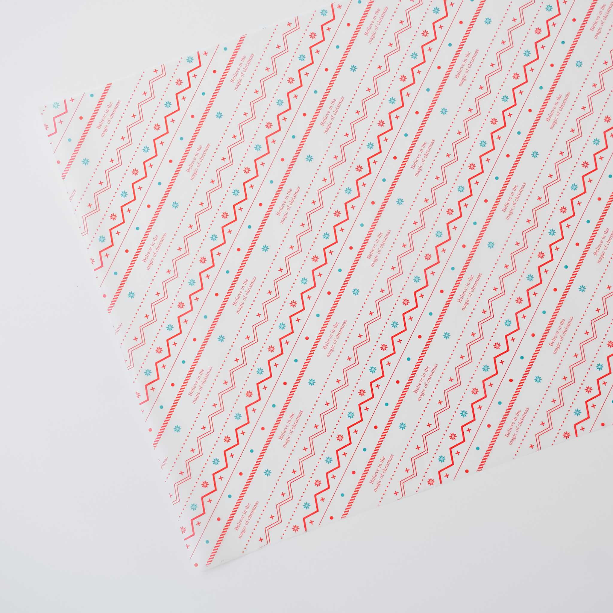 White Christmas wrapping paper with a repeating pattern of red and teal zigzags, small flowers, and the text &