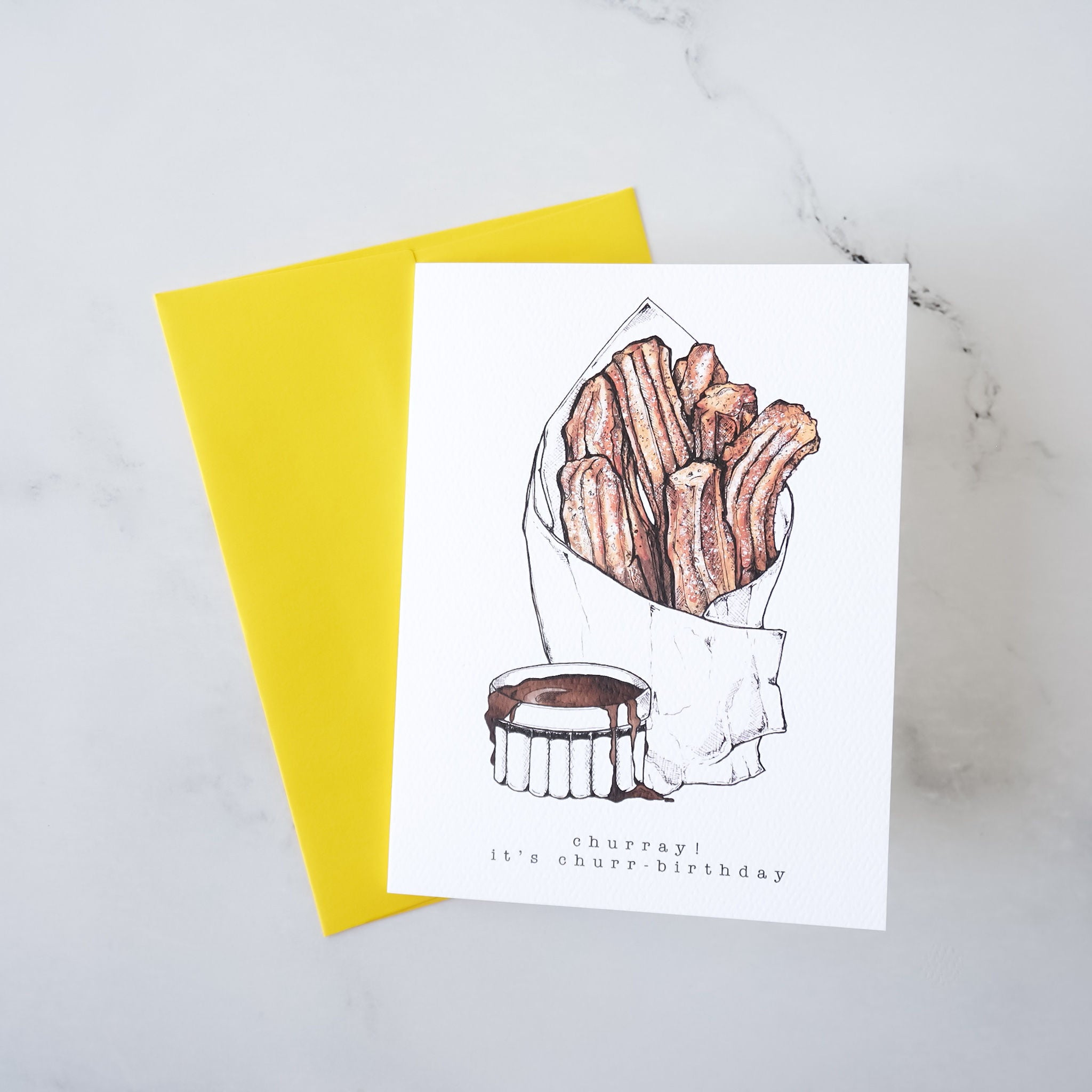 churro birthday card, yellow envelope