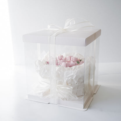 clear cake box in white, rose bouquet cake