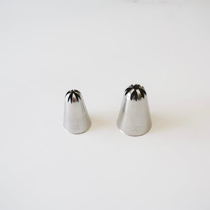 Two stainless steel pastry tips with closed star nozzles on a white background