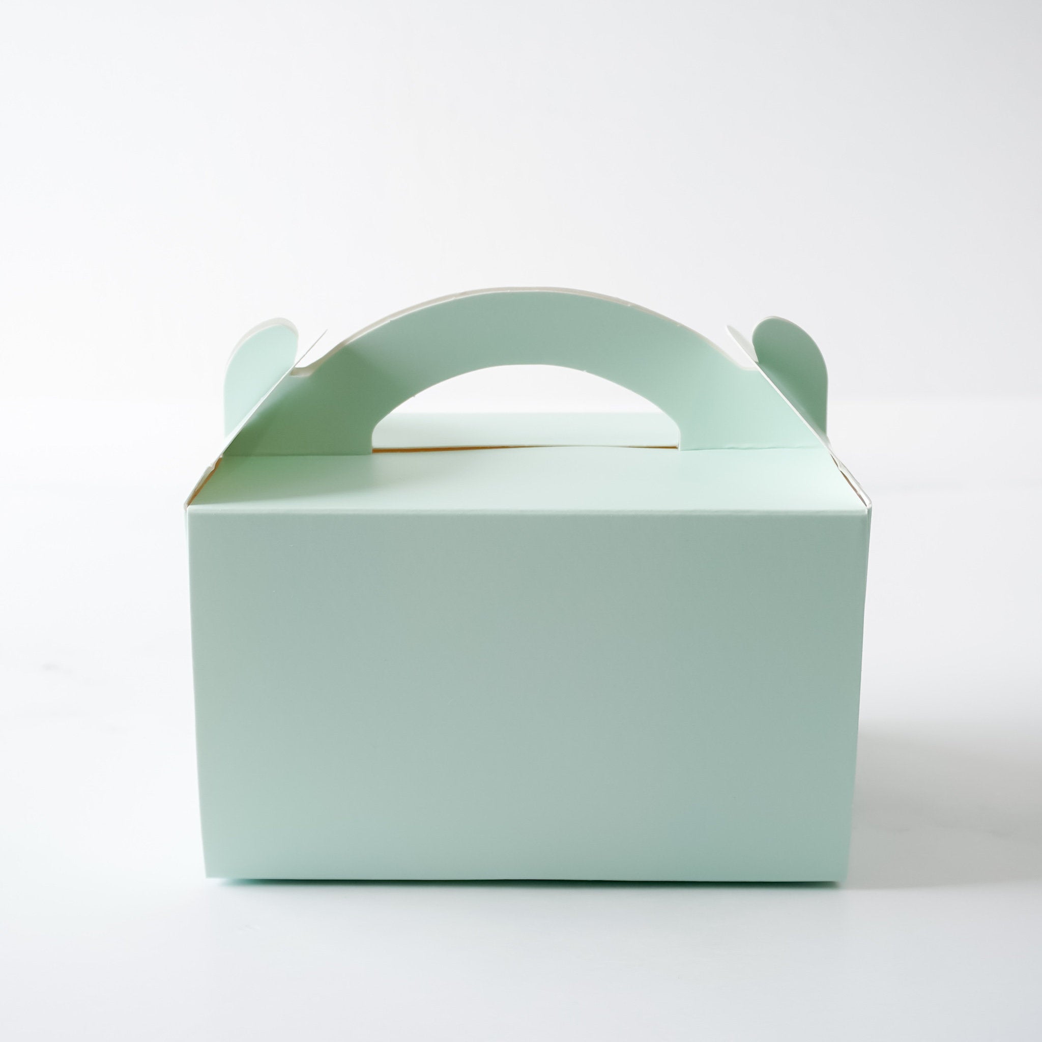 A light green cardboard box with a cut-out handle. The box is empty and has a smooth surface.