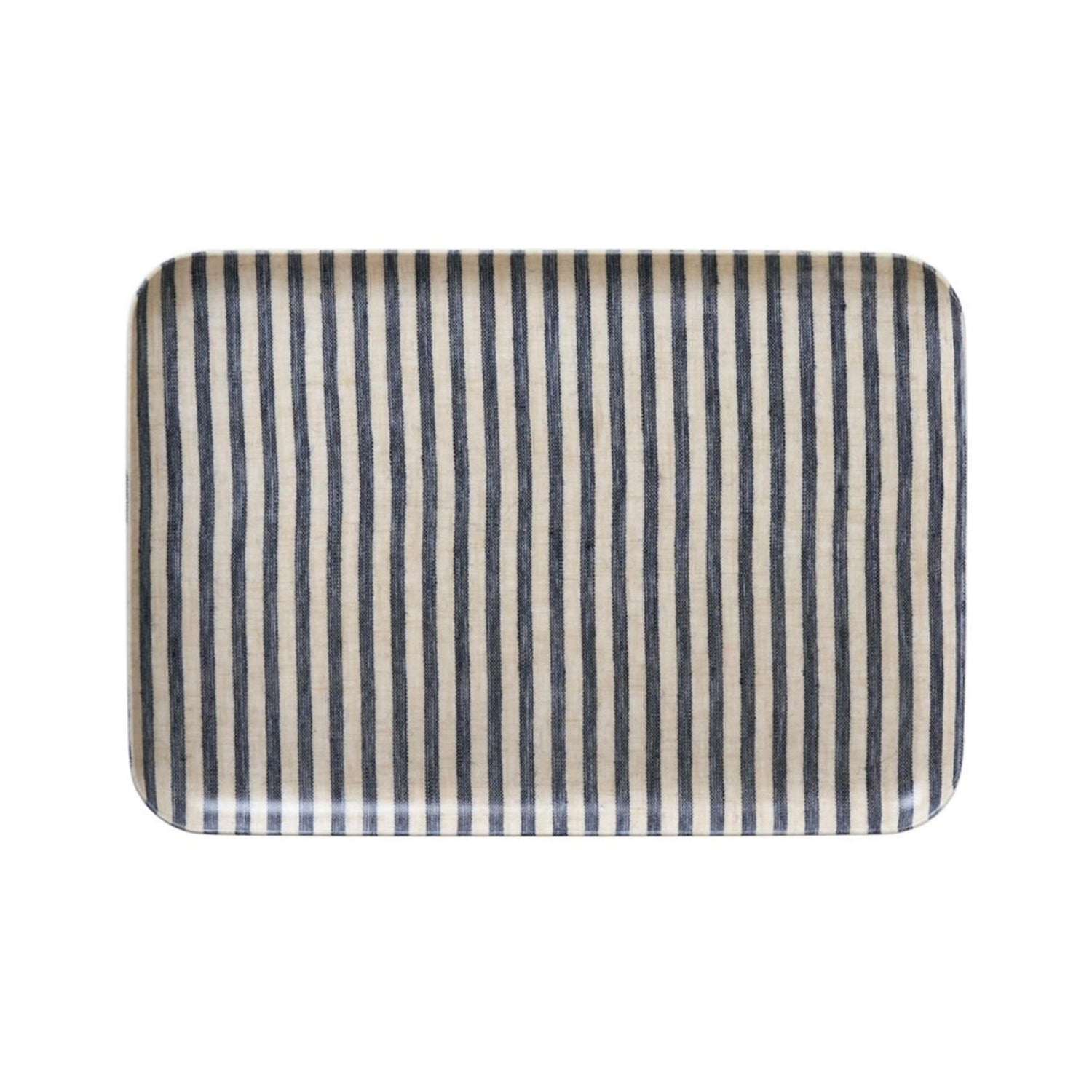 Rectangular tray with black and beige striped pattern on a white background