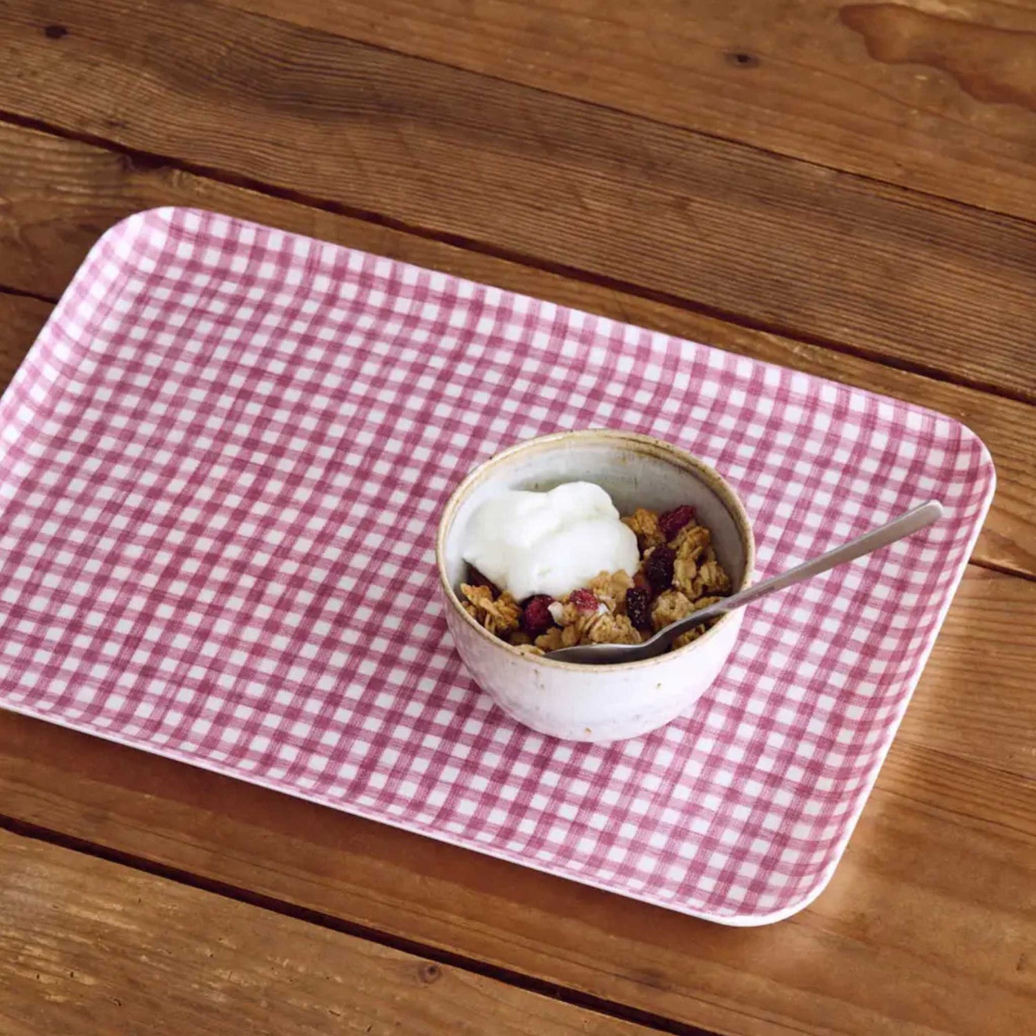 dark pink, white gingham check serving tray in medium
