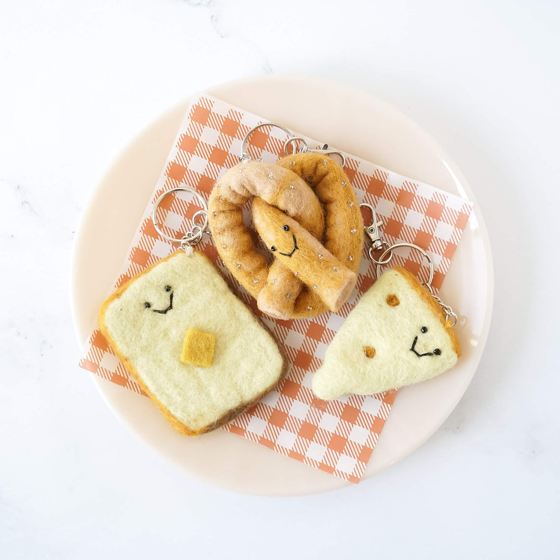 felt bread keychains, pretzel key ring, cheese keychain, butter toast keychain