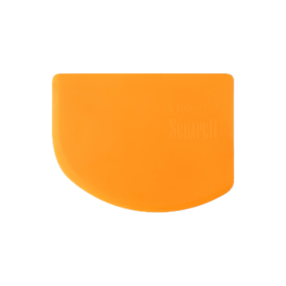 Orange half-circle shaped bowl scraper on a white background