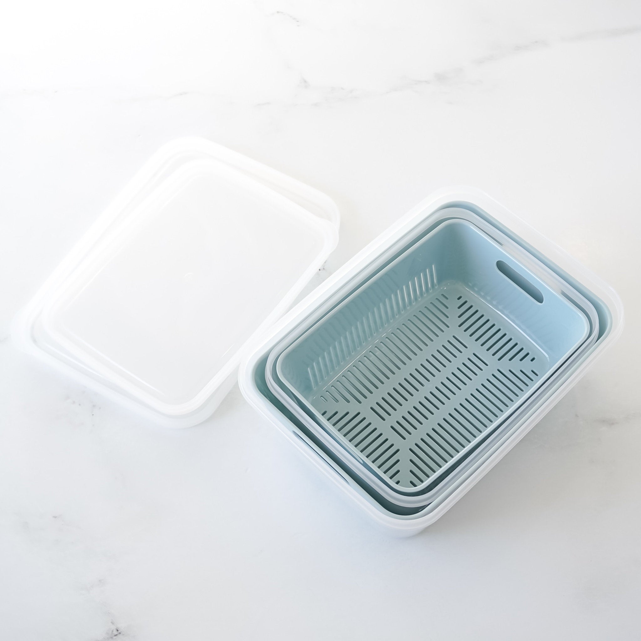 fruit &amp; vegetable container with colander and lid in blue