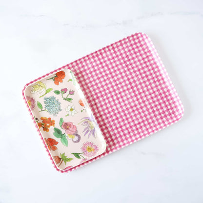 gingham check linen tray in pink, small floral decorative tray