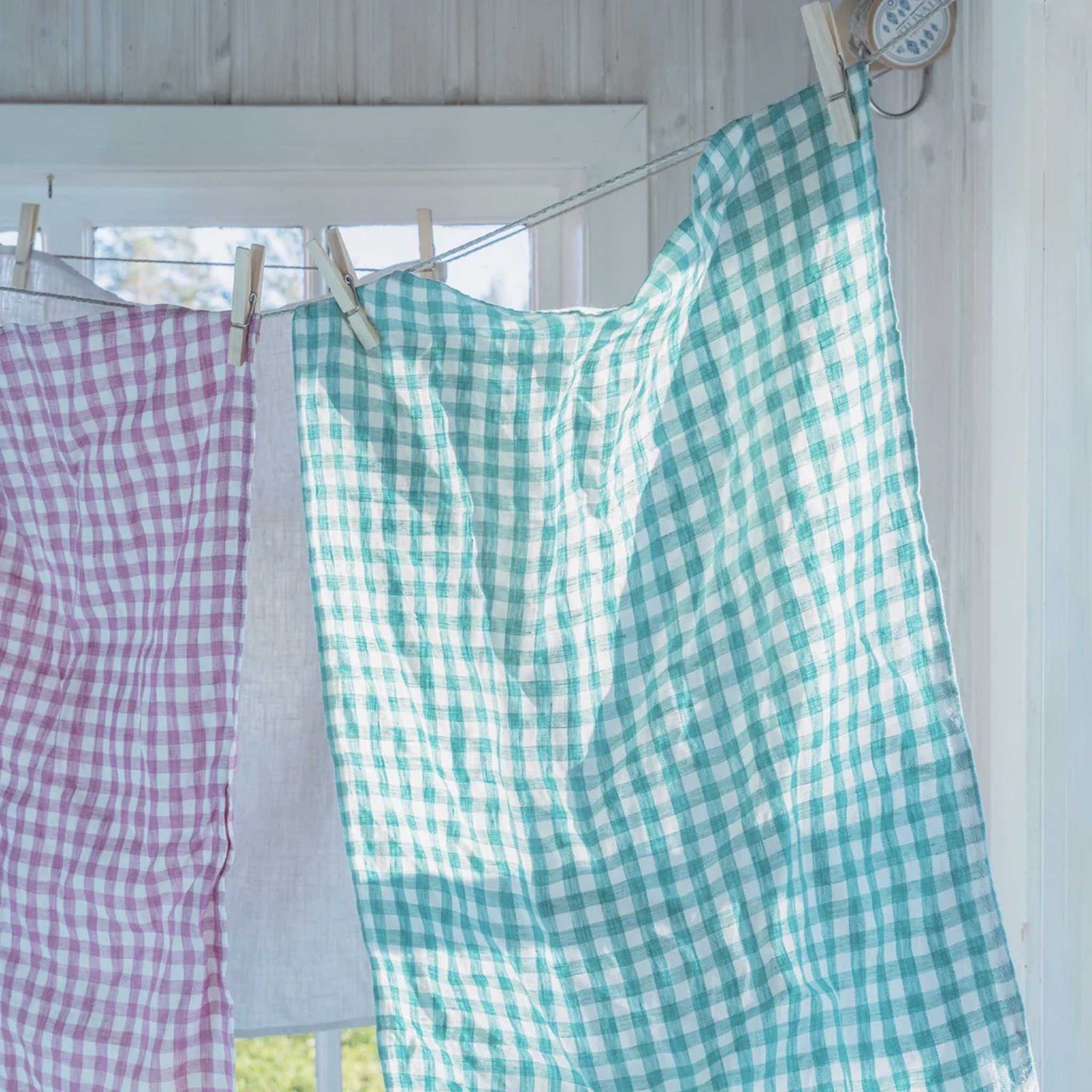 linen kitchen towels in green and pink