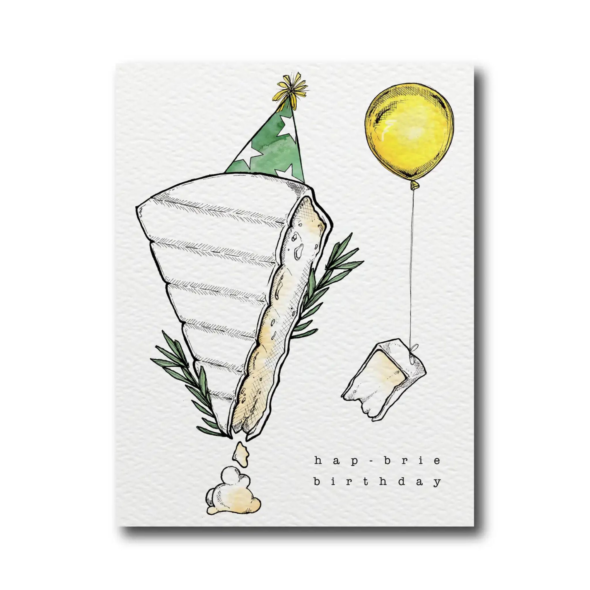 A watercolor and pen illustration of a cheese wedge with a party hat and a yellow balloon, accompanied by a small piece of cheese and a cork, with the text &