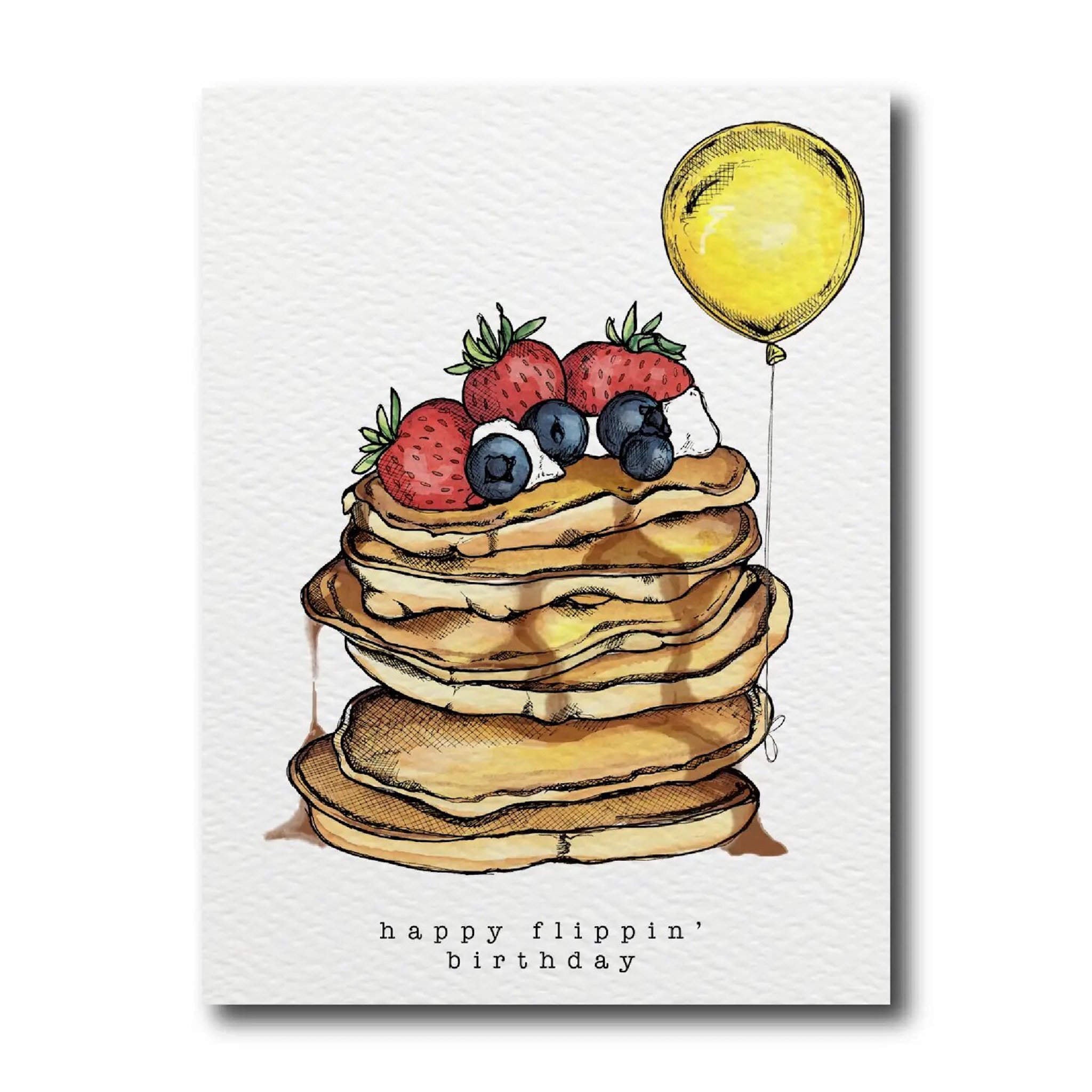 Illustration of a stack of pancakes with a balloon and berries on top, with the text &