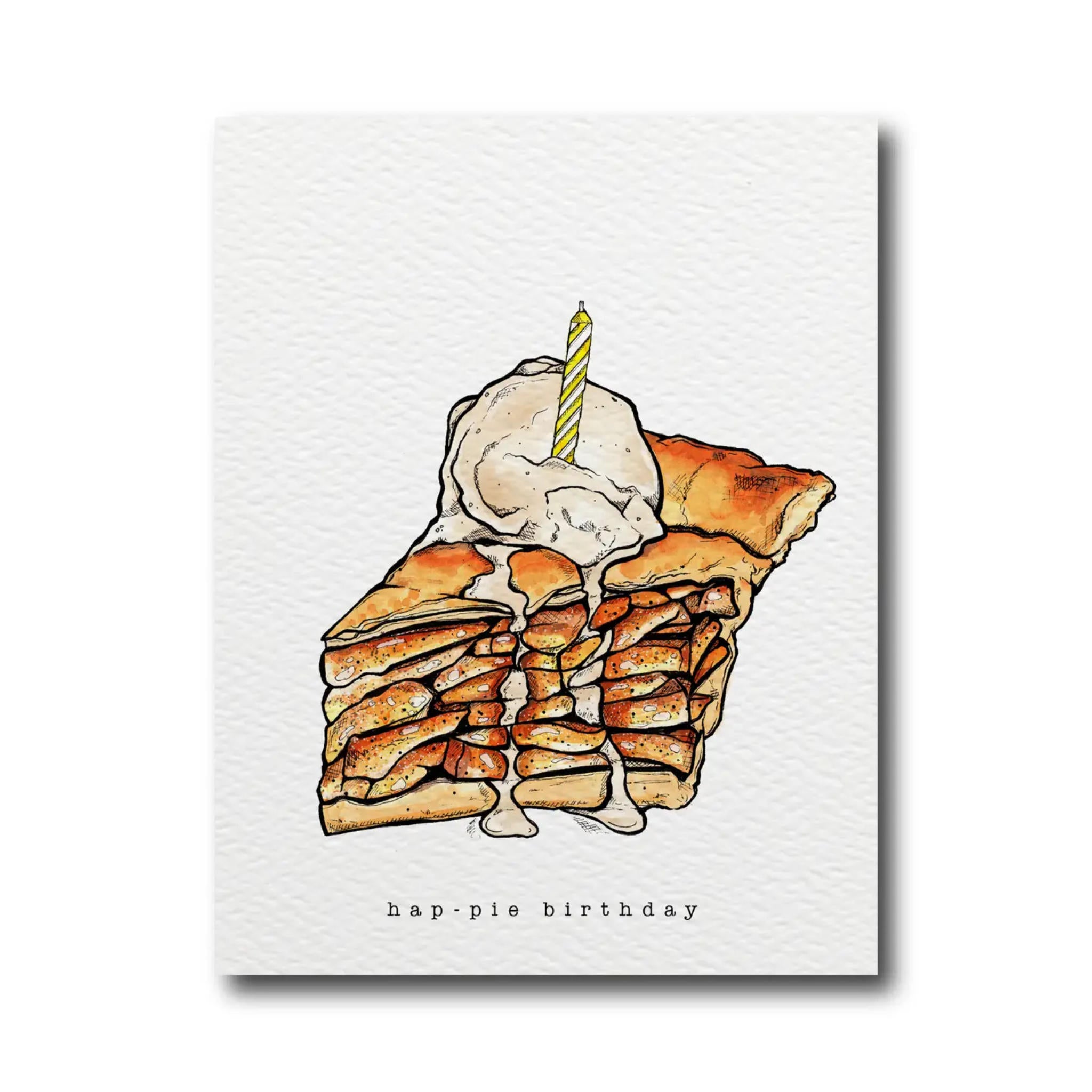 A watercolor and pen illustration of a pie with a candle on top, accompanied by the text &