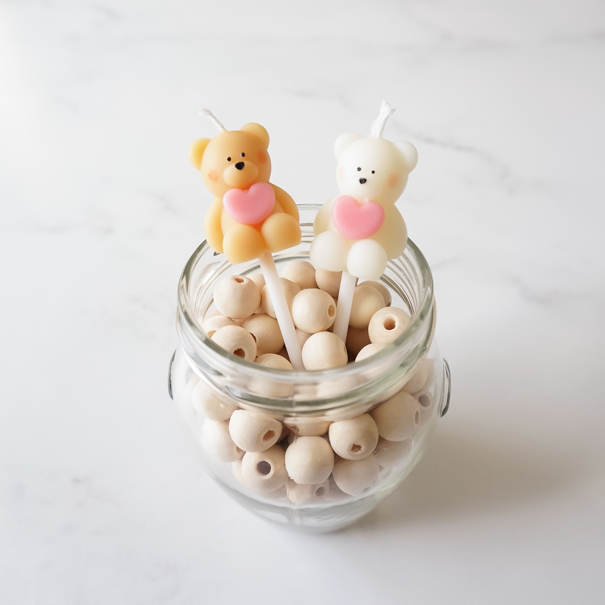 heart bear birthday candles in white and beige