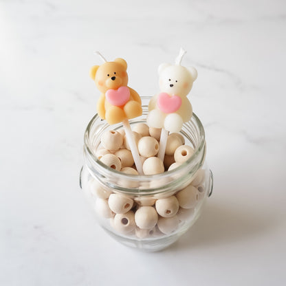 heart bear birthday candles in white and beige