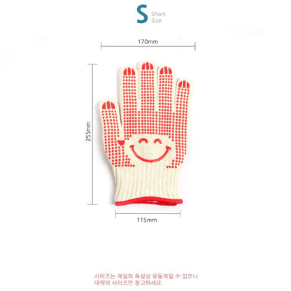 Red and white oven glove with smiley face design and measurements on a white background